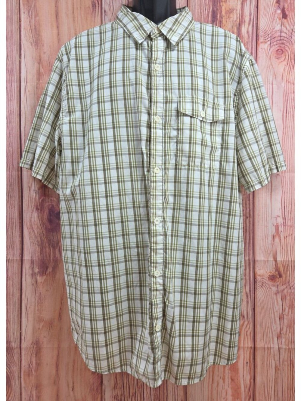 Koppen Mens Green & White Plaid Button-Up Shirt XXL Short Sleeve